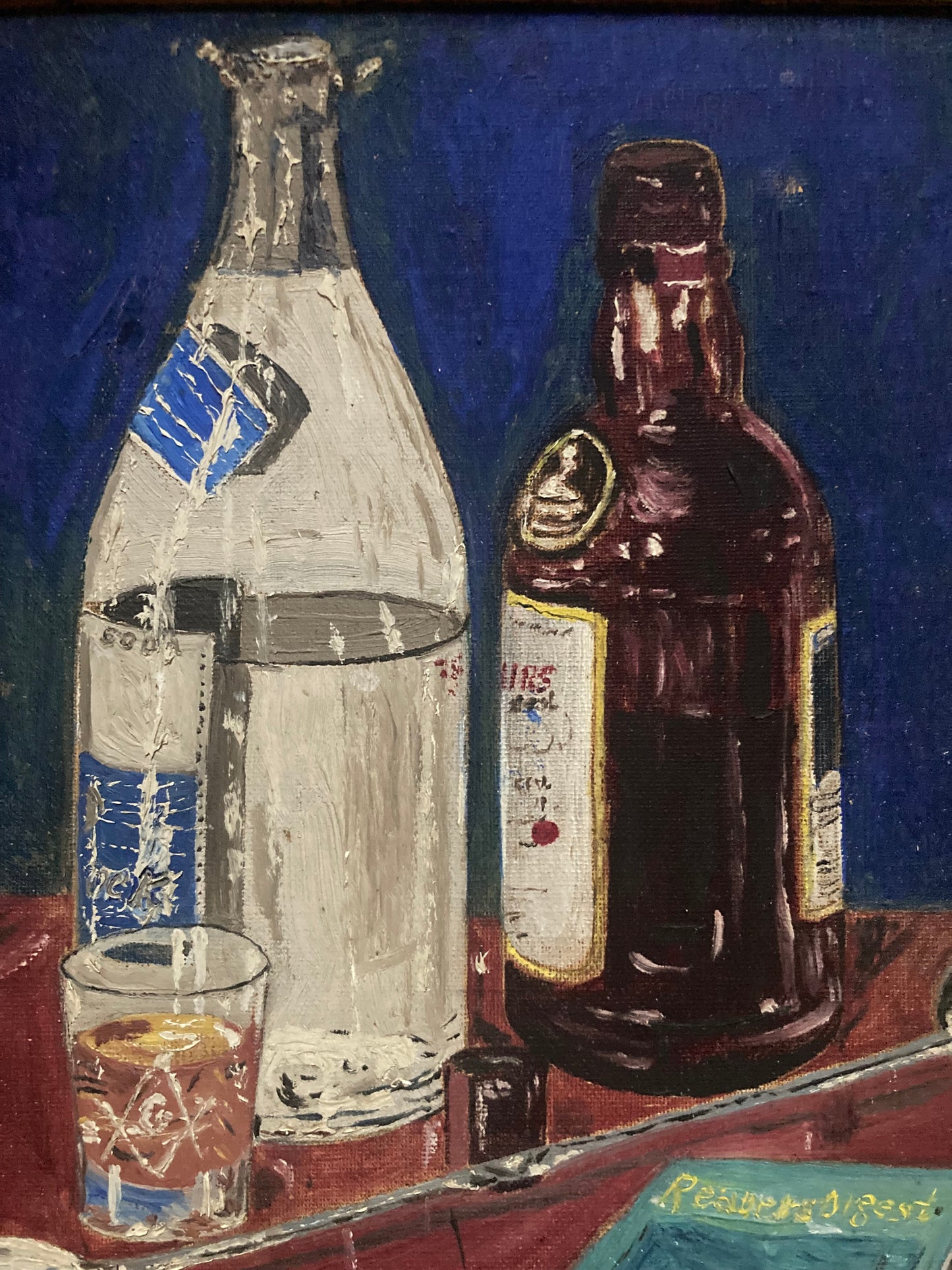 Still Life Painting Naive 1950s Smoking Cigarette with Liquor Bottles and Dogeared Readers Digest and Masonic Symbols