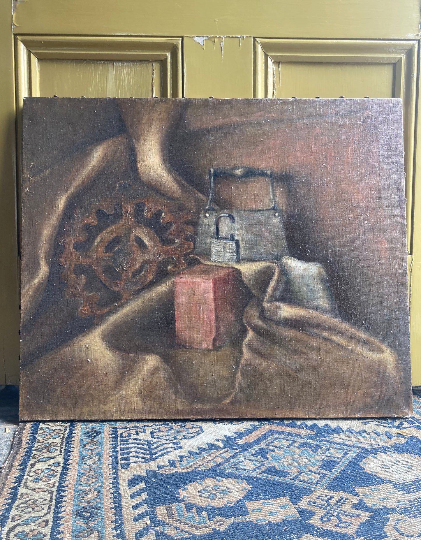 Oil on Canvas Painting, Industrial Still Life of Rusty Gear, Lock, Brick and Mandolin c. 1940 1950, artist signed N. Davis