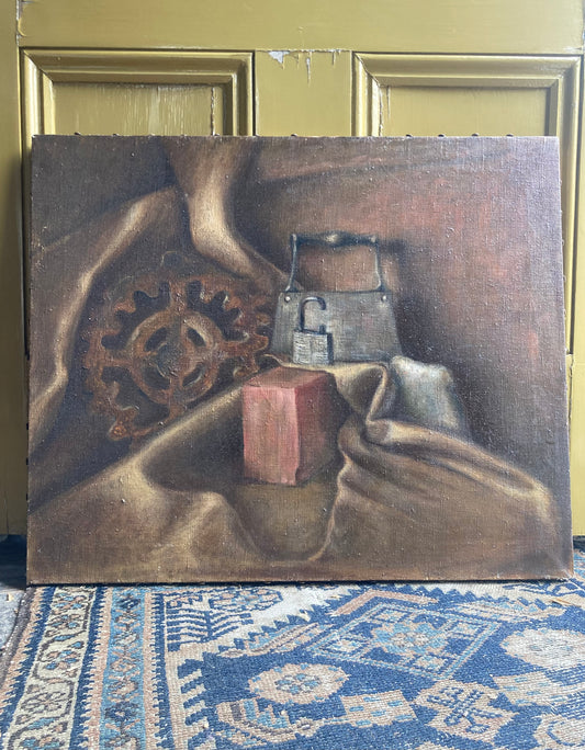 Oil on Canvas Painting, Industrial Still Life of Rusty Gear, Lock, Brick and Mandolin c. 1940 1950, artist signed N. Davis