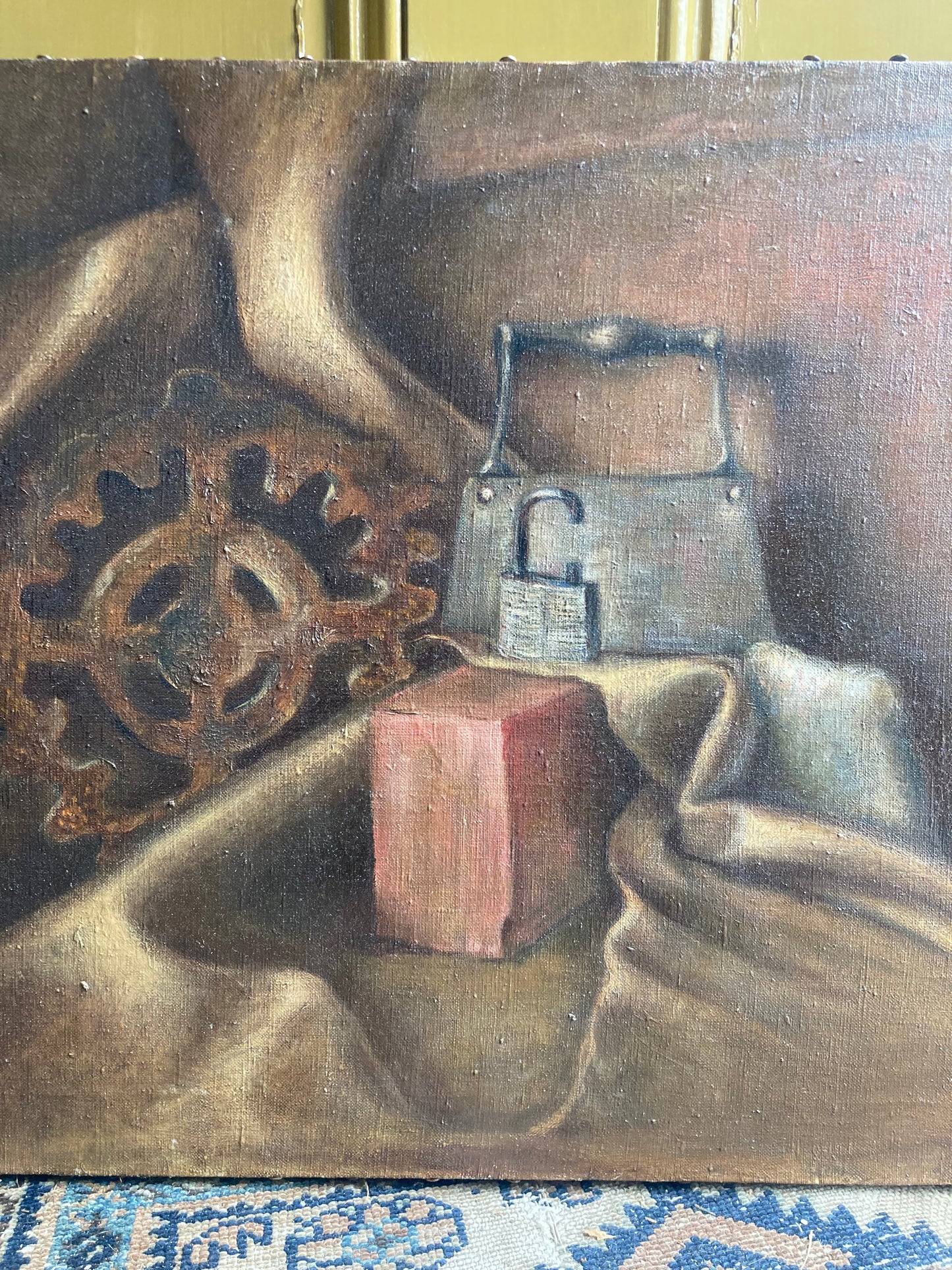 Oil on Canvas Painting, Industrial Still Life of Rusty Gear, Lock, Brick and Mandolin c. 1940 1950, artist signed N. Davis