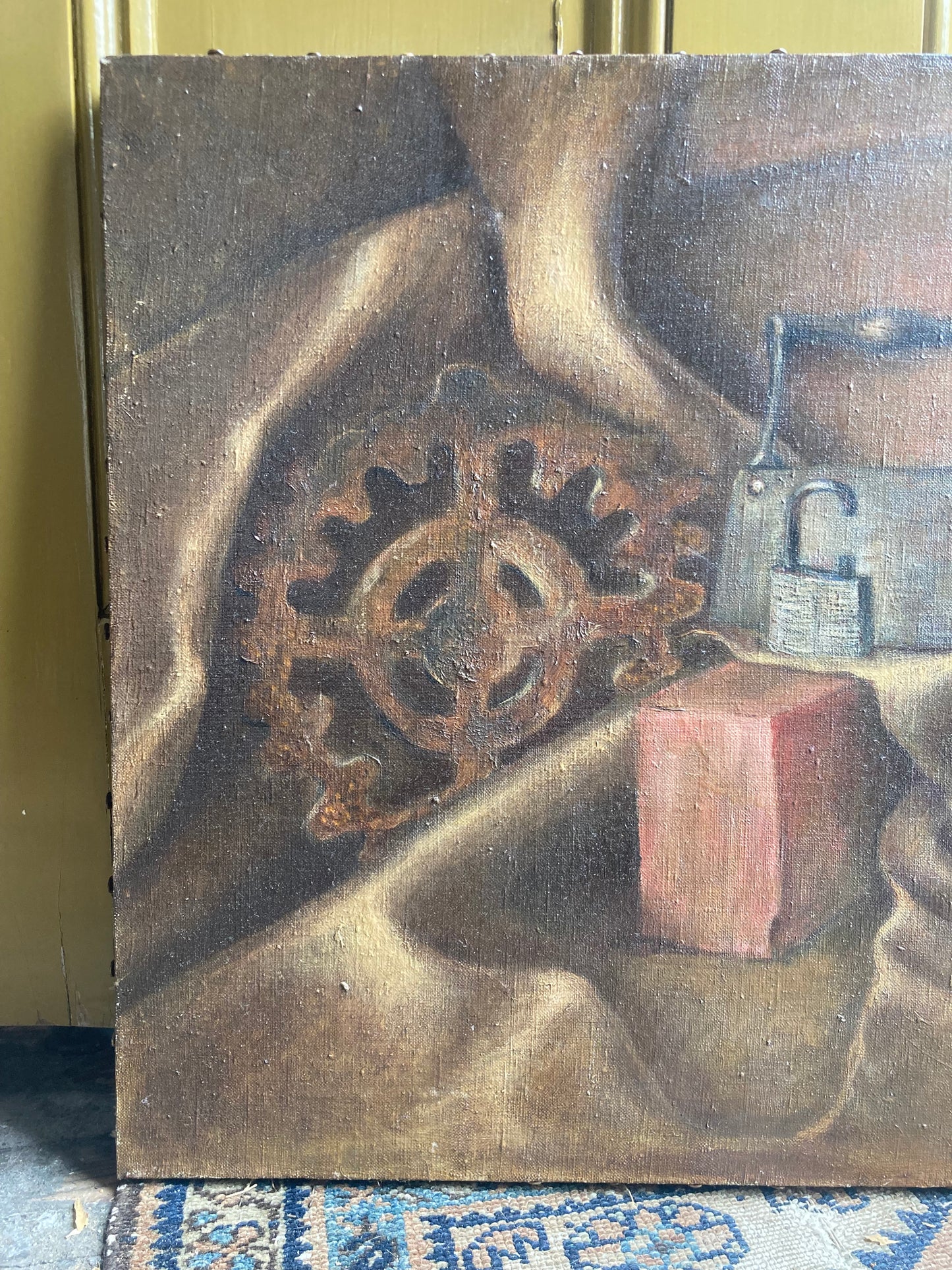 Oil on Canvas Painting, Industrial Still Life of Rusty Gear, Lock, Brick and Mandolin c. 1940 1950, artist signed N. Davis