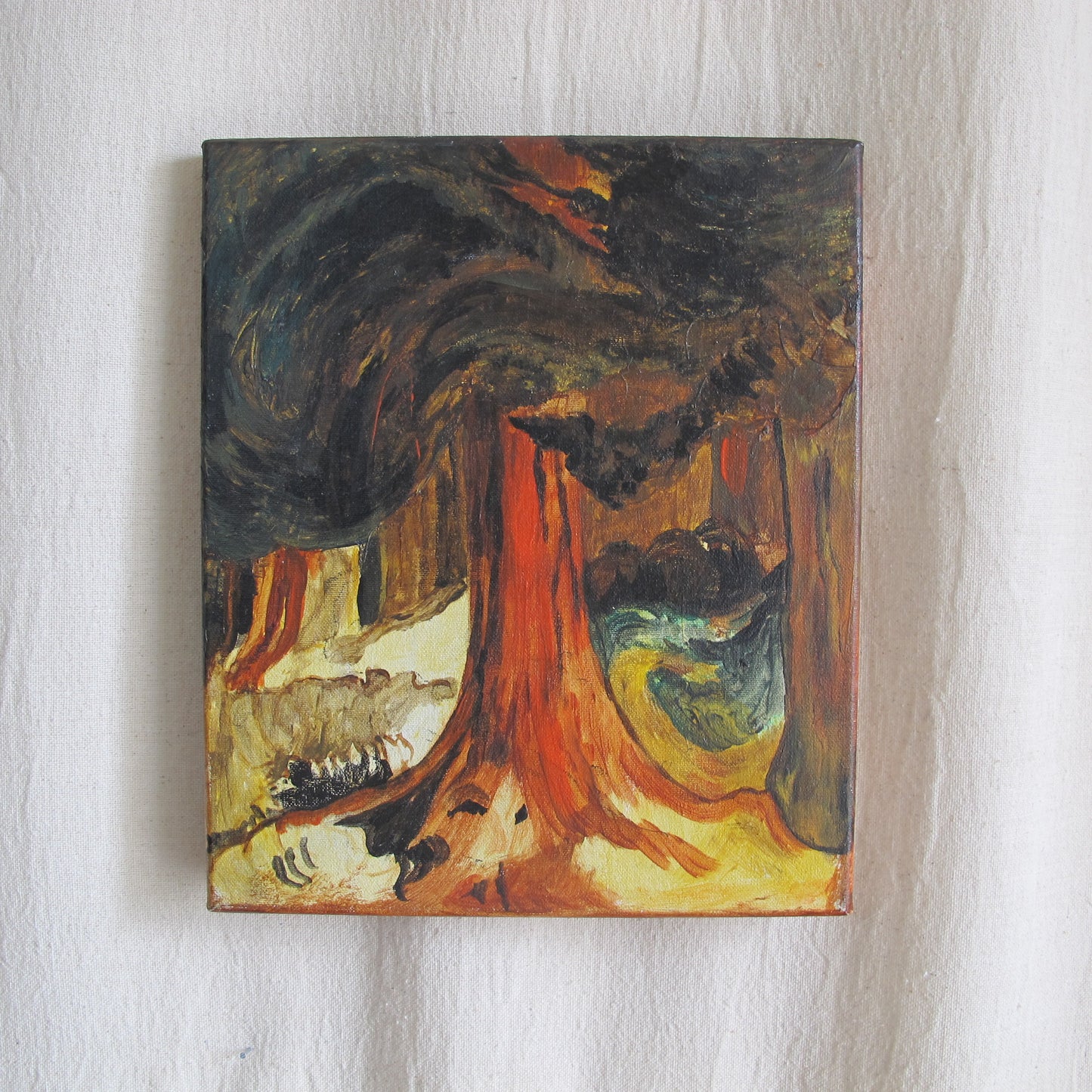 Canadian modernist gestural oil painting on canvas of tree in a forest, 1970 1980