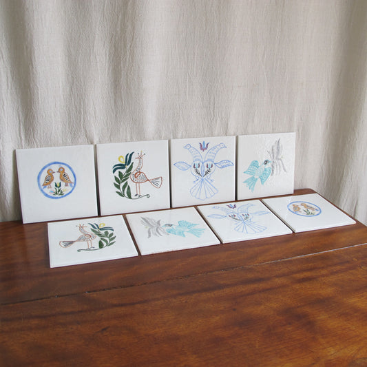 Art pottery bird tiles, set of eight with four pairs, c. 1950 antique vintage