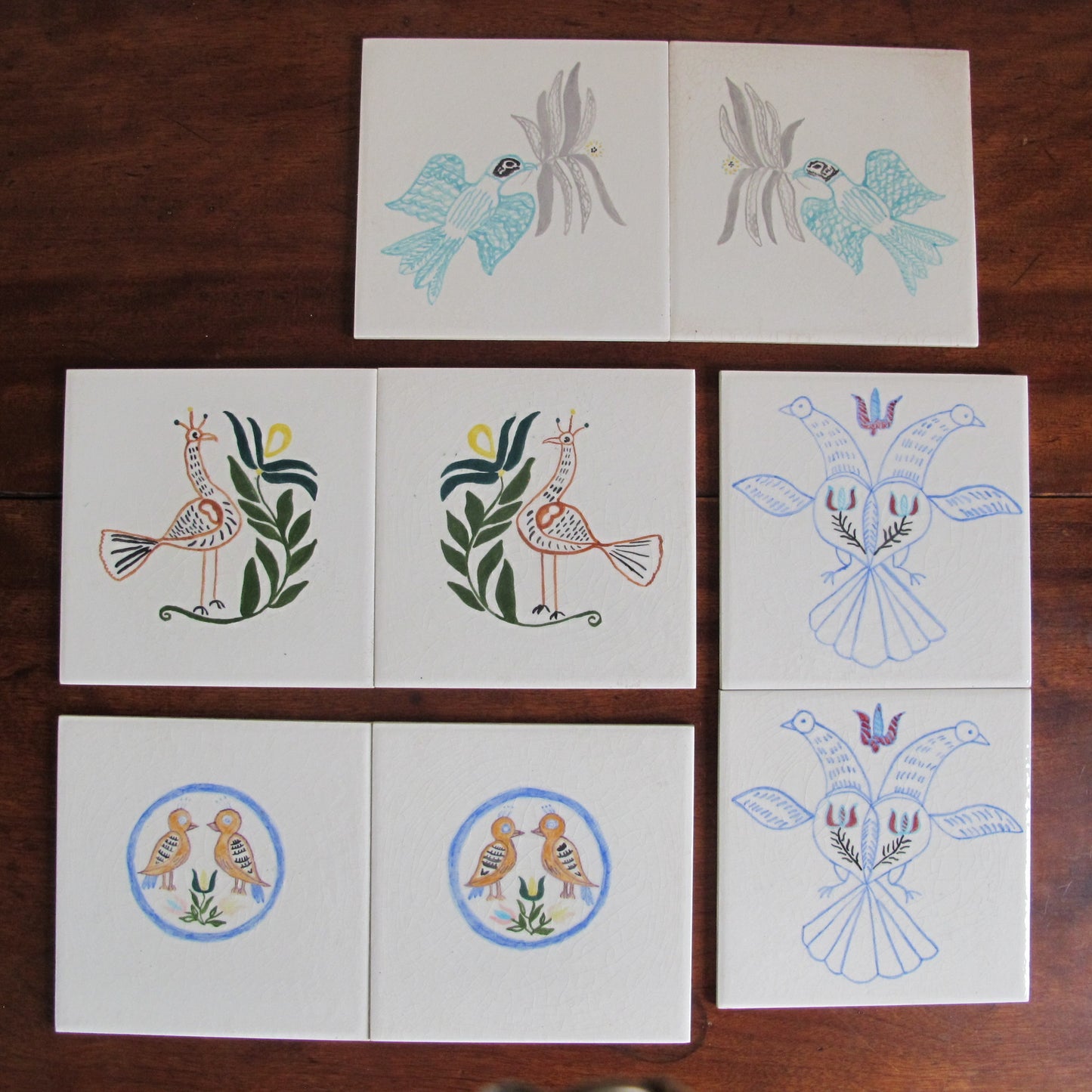 Art pottery bird tiles, set of eight with four pairs, c. 1950 antique vintage
