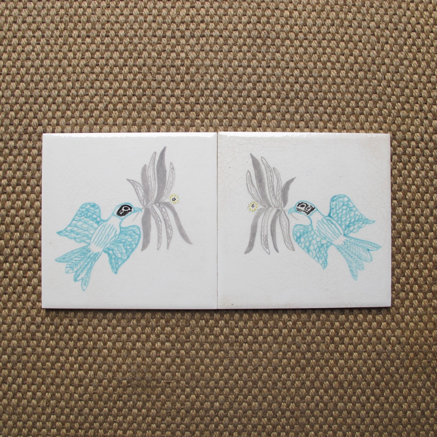Art pottery bird tiles, set of eight with four pairs, c. 1950 antique vintage