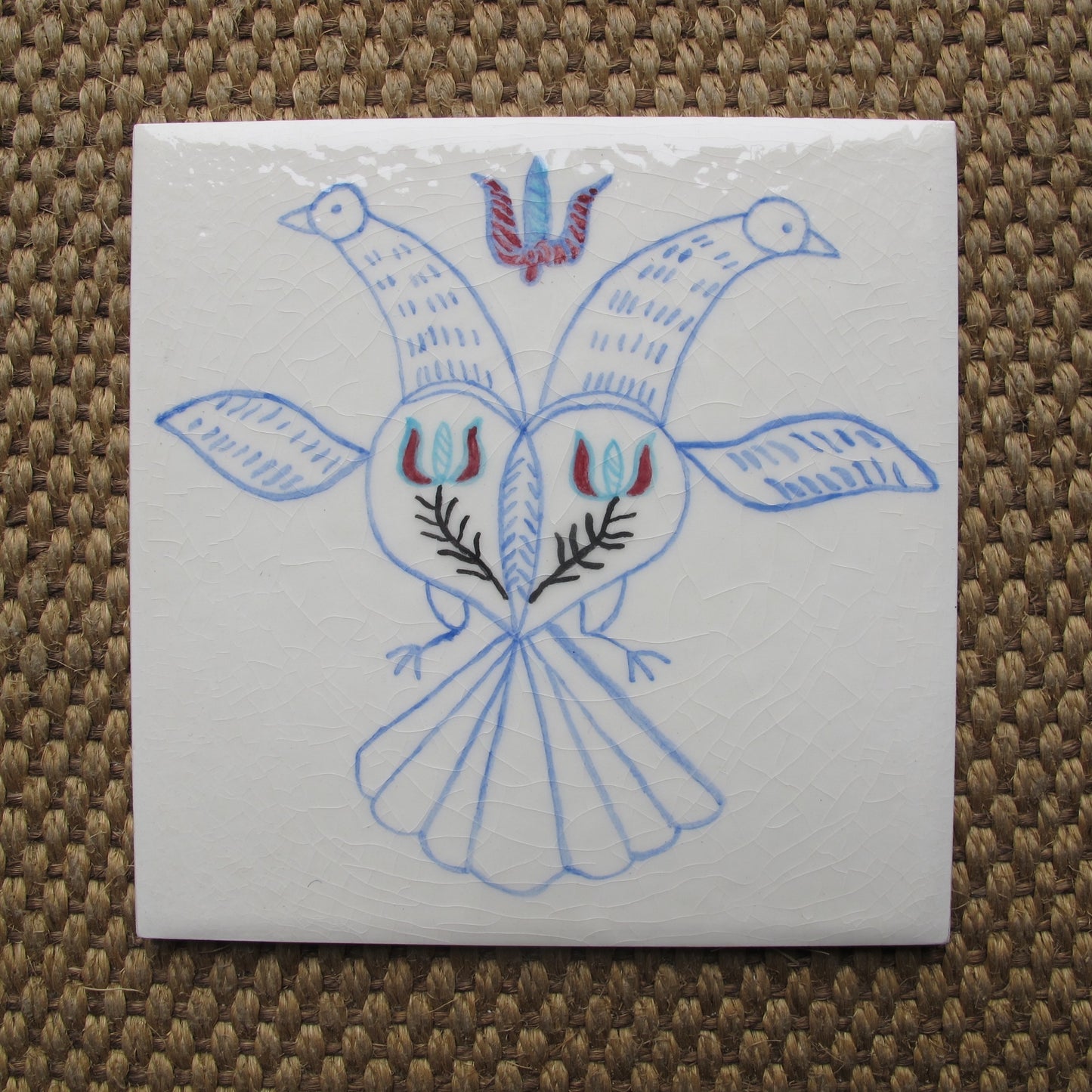 Art pottery bird tiles, set of eight with four pairs, c. 1950 antique vintage
