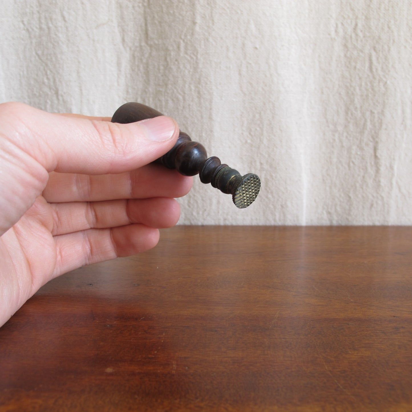 Wax or wafer seal with turned rosewood or lignum vitae handle and crosshatch pattern, c. 1800 vintage antique