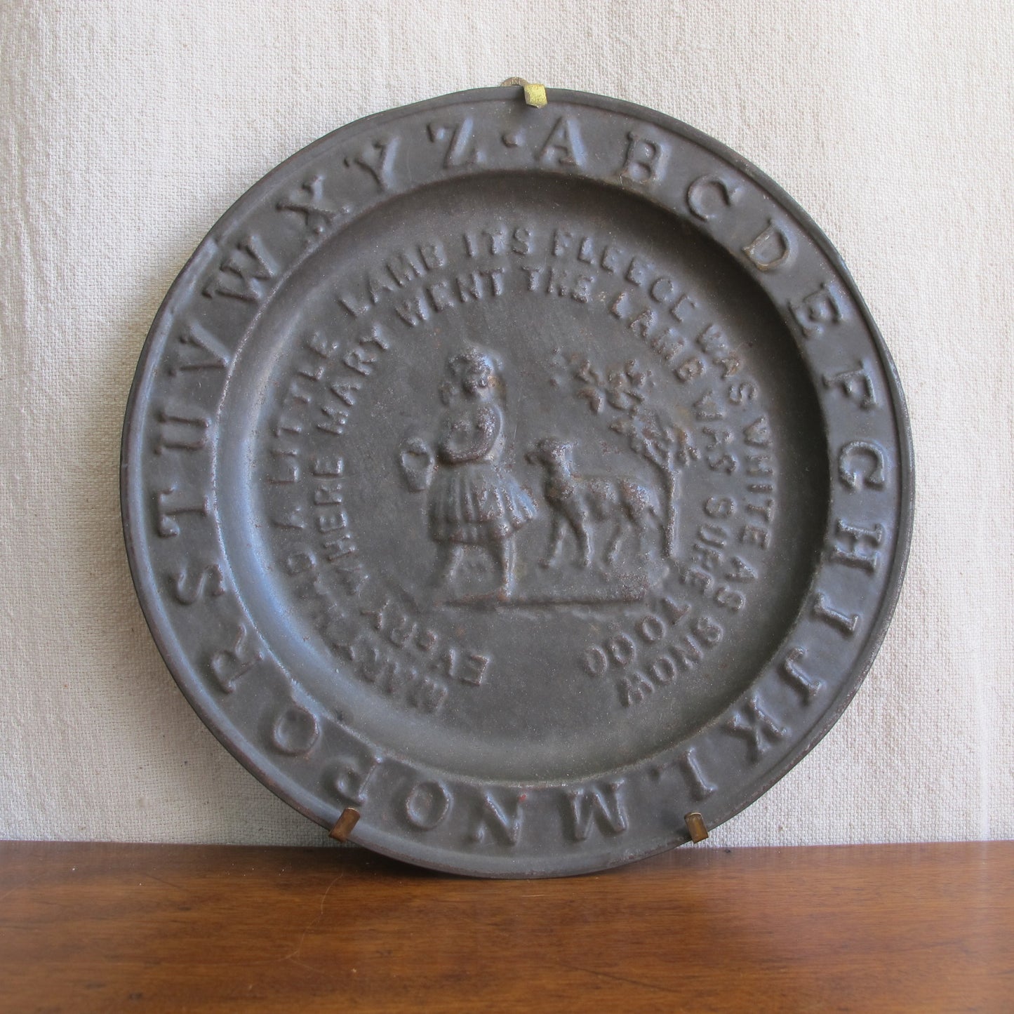 Child's alphabet plate in pressed tin depicting 'Mary had a Little Lamb', c. 1850, vintage antique