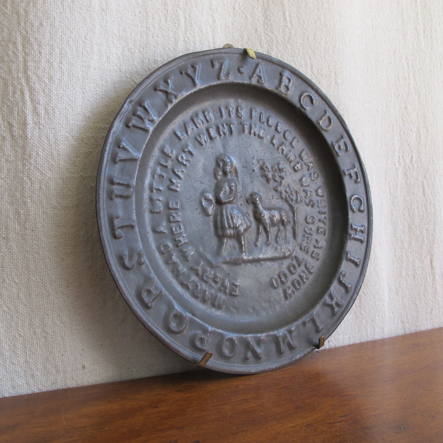 Child's alphabet plate in pressed tin depicting 'Mary had a Little Lamb', c. 1850, vintage antique
