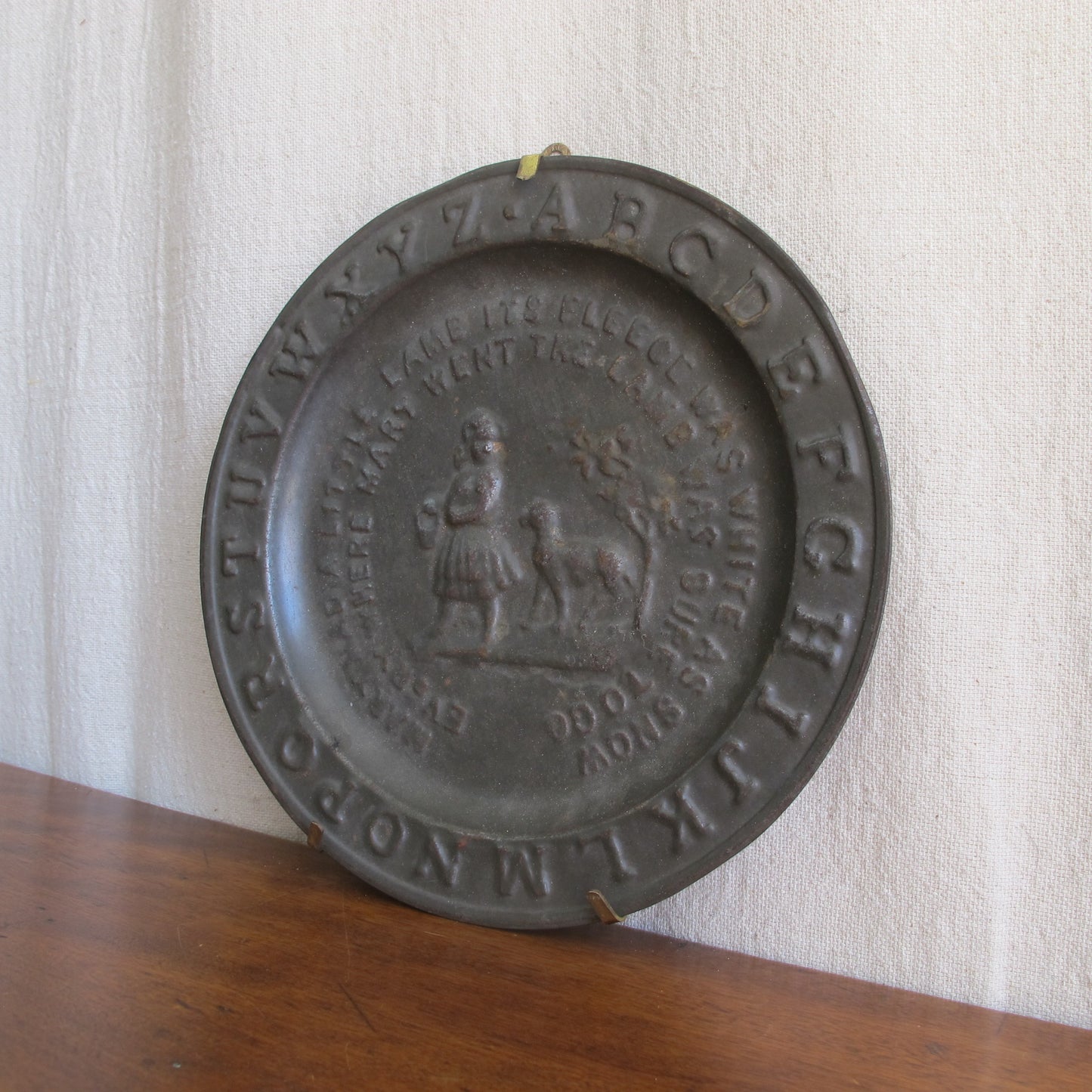 Child's alphabet plate in pressed tin depicting 'Mary had a Little Lamb', c. 1850, vintage antique