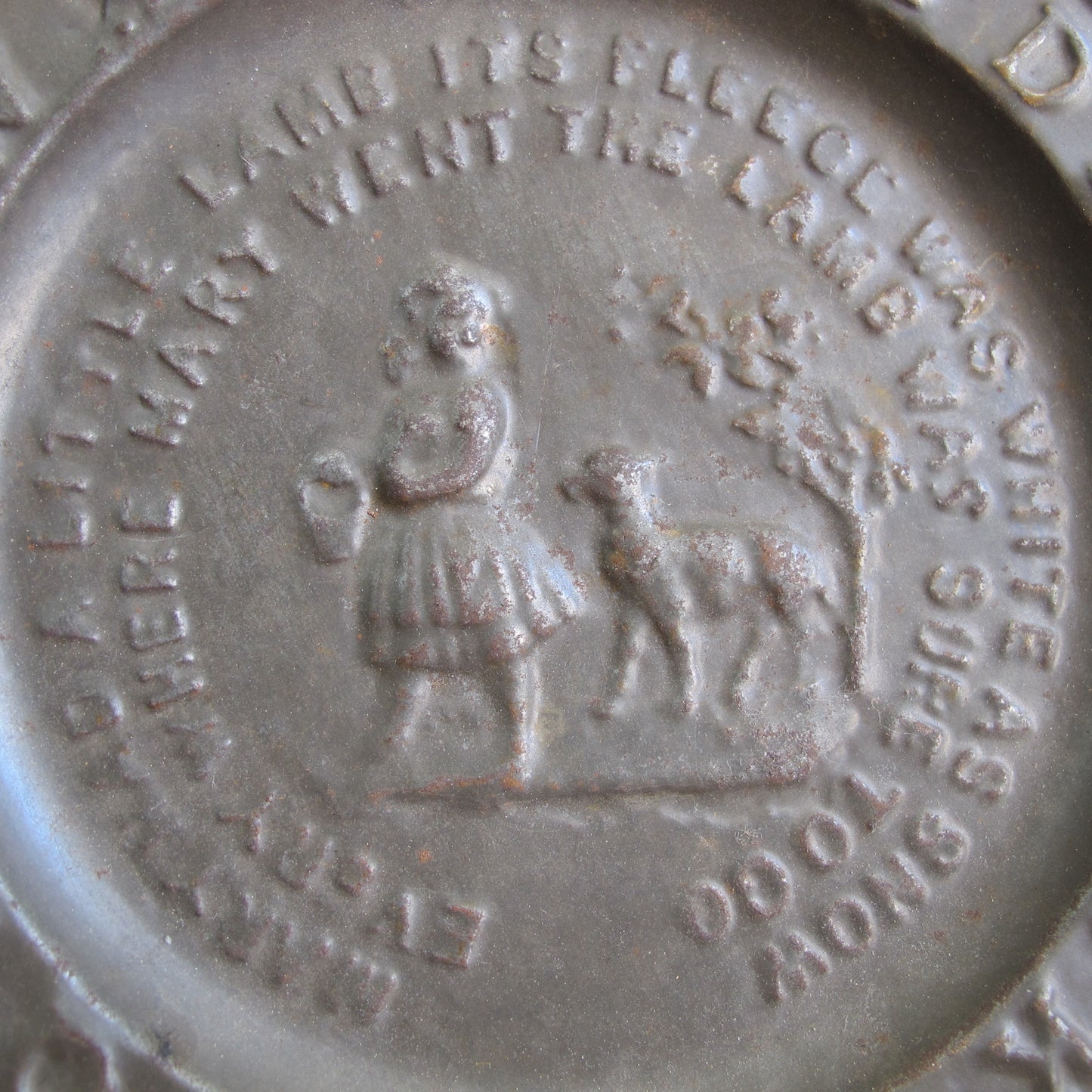 Child's alphabet plate in pressed tin depicting 'Mary had a Little Lamb', c. 1850, vintage antique