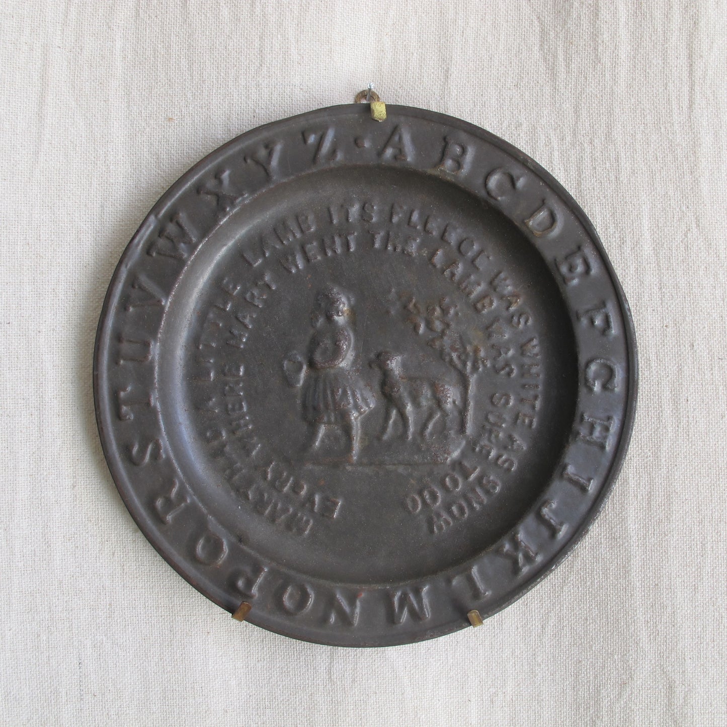 Child's alphabet plate in pressed tin depicting 'Mary had a Little Lamb', c. 1850, vintage antique