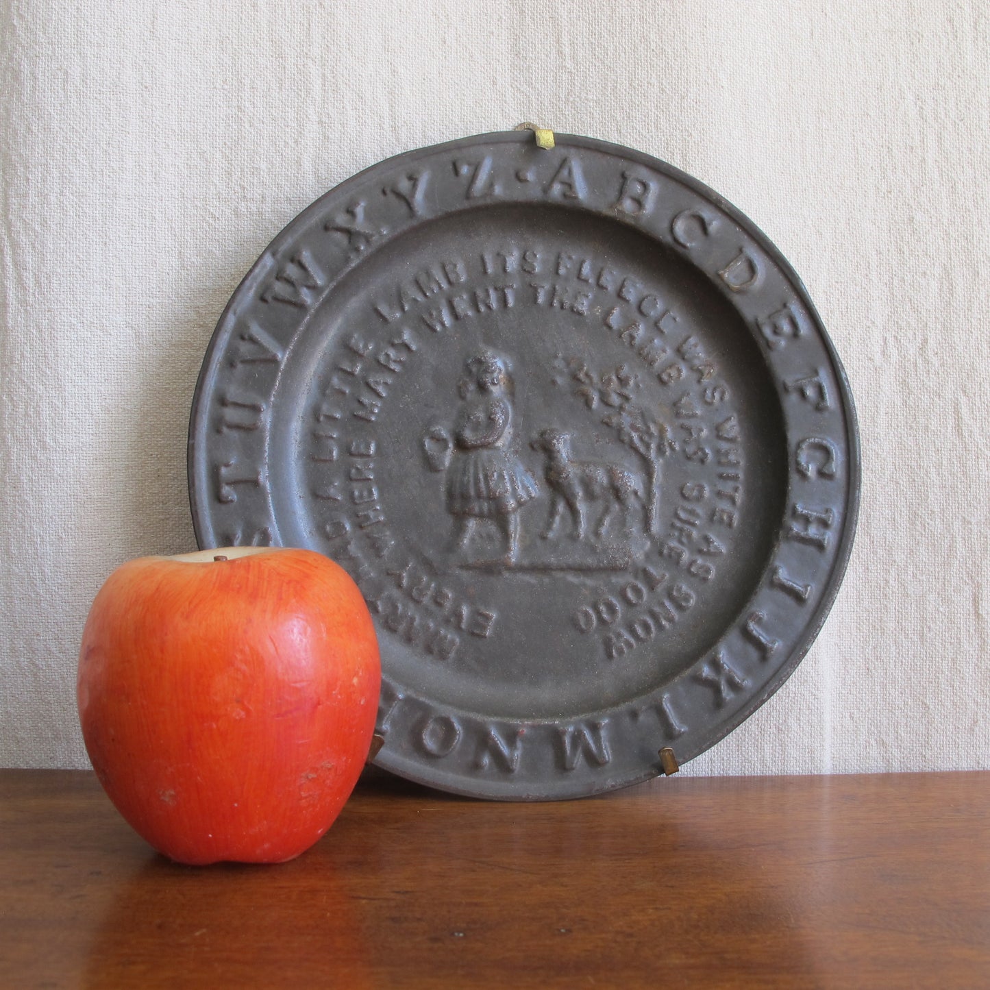 Child's alphabet plate in pressed tin depicting 'Mary had a Little Lamb', c. 1850, vintage antique