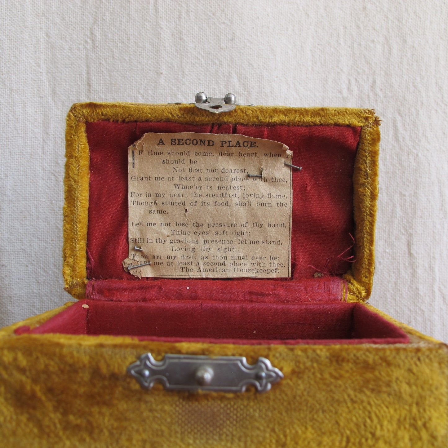 Box of Sorrows, velvet covered Victorian box filled with the notes and clippings of an unloved woman, an archive of misery, c. 1890 vintage antique