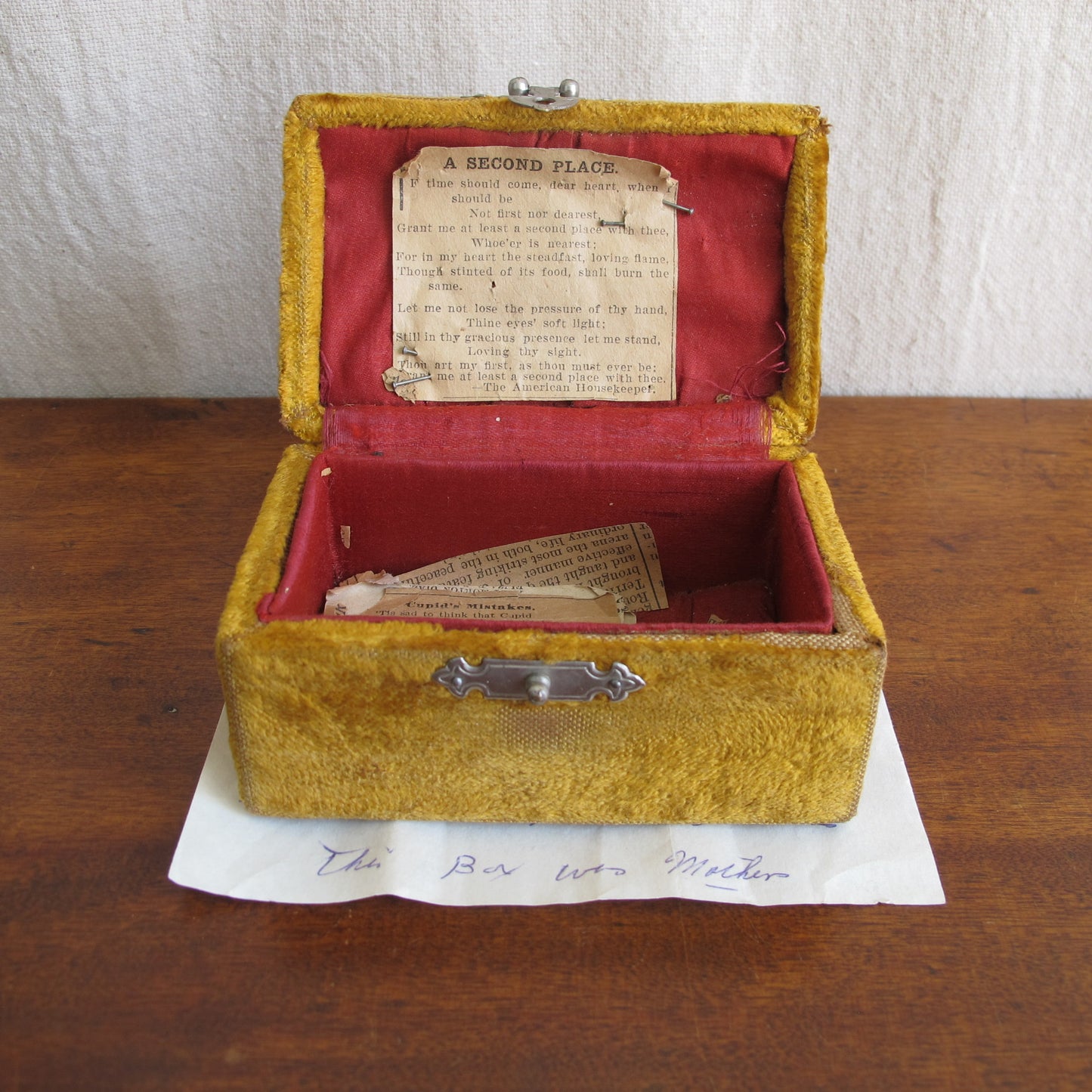 Box of Sorrows, velvet covered Victorian box filled with the notes and clippings of an unloved woman, an archive of misery, c. 1890 vintage antique