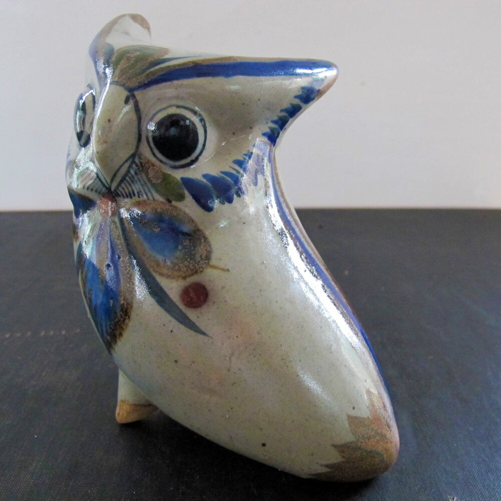 Owl Mexican Folk Art Studio Pottery 1970s Indigo Lapis Blue Signed Large