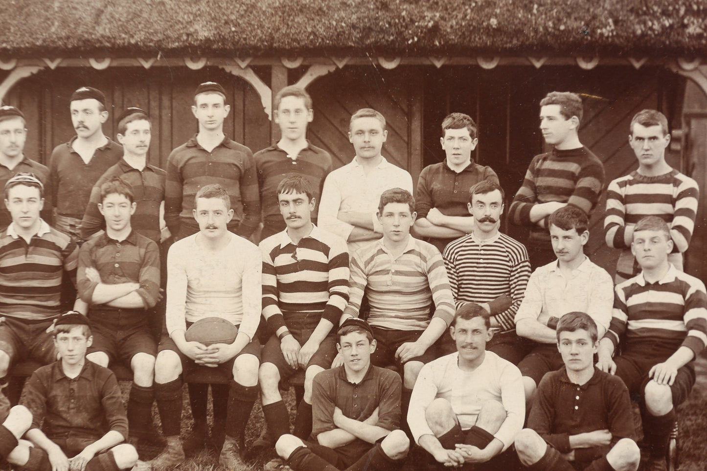 Antique Large Format Photograph Rugby Team Photo 1897-1898 Old Honitionian Thatch Roof Rugby Stripes Fully Labeled Hand Calligraphy