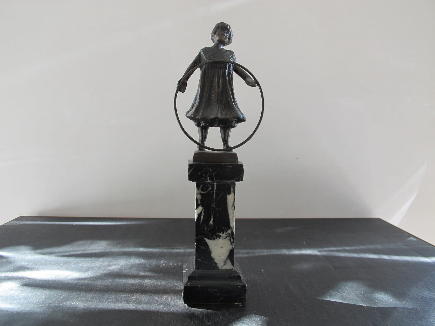 Bronze Garniture of Children Playing Italian 1960s Nero Marble Jumping Rope Hoop Blind Mans Bluff