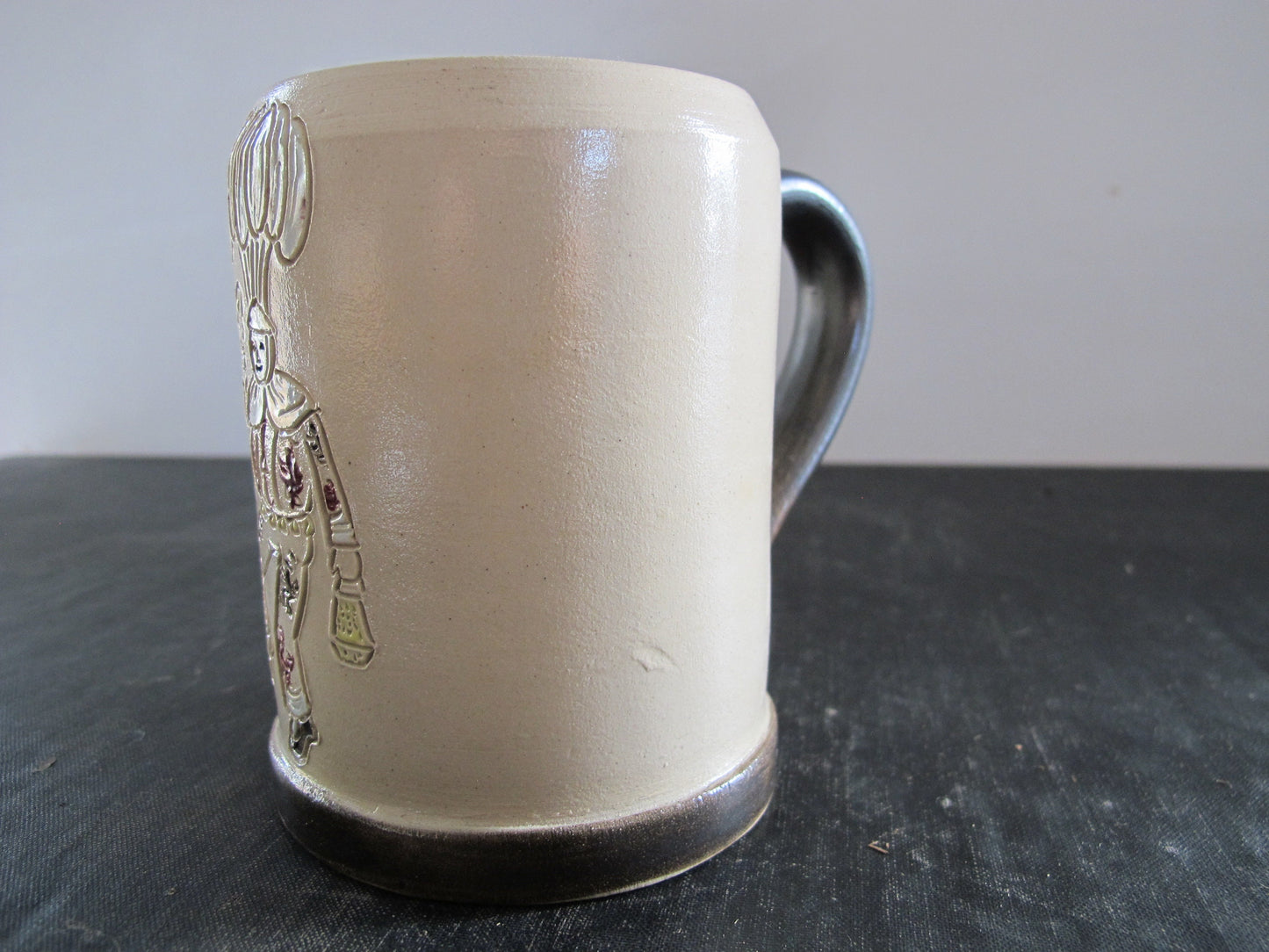 Art Pottery Gille de Binche Mug Incised Harlequin Artist Signed Emile Losson Midcentury 1950s Mardi Gras
