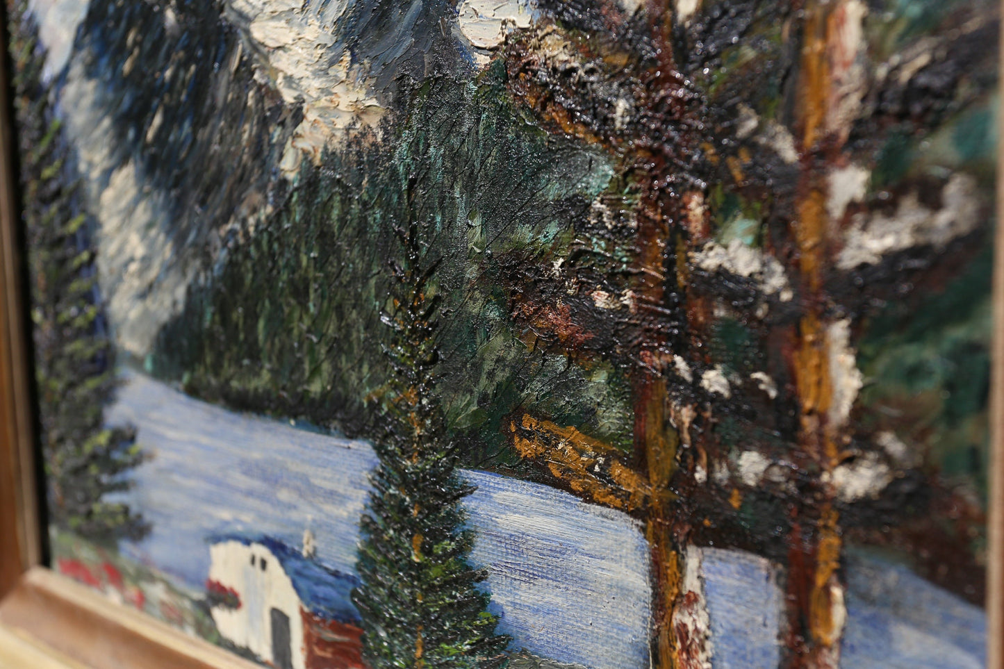 Oil Painting Mountain Lake Cottage Scene Artist Signed T. Halnosi on Board