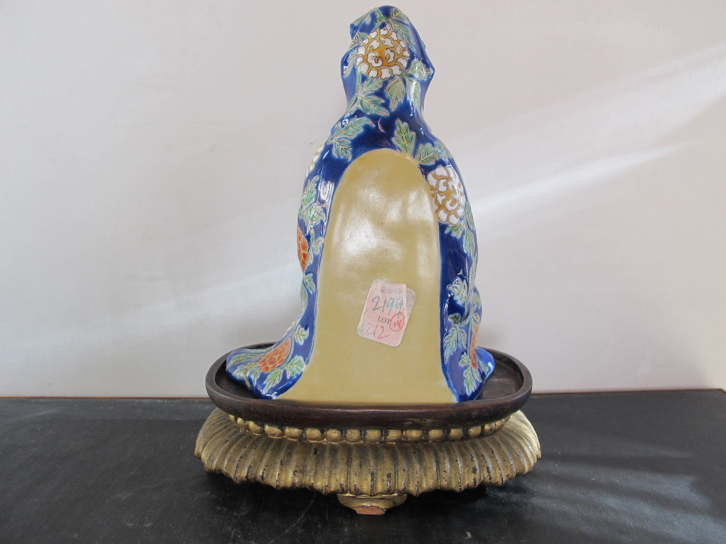 Statuette Guanyin Famille Bleu Chinese Polychrome Buddhist Bodhisattva Porcelain c. 1900 on Lotus Stand Skinner Auctioneers Tag Precommunist