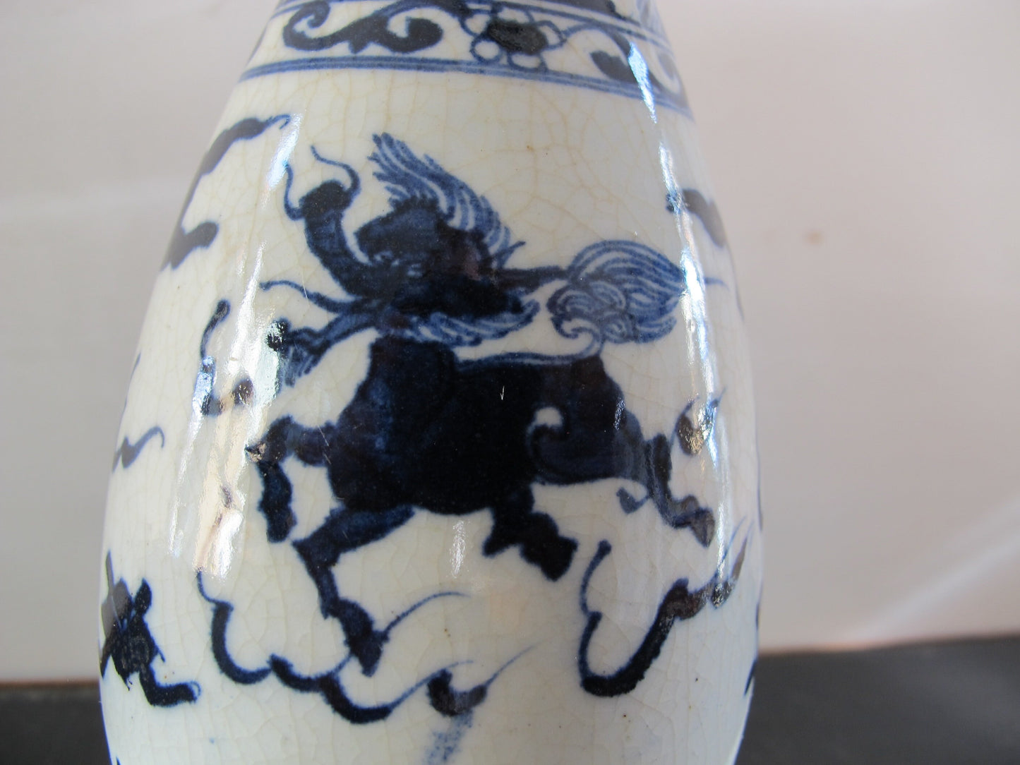 Vase Chinese Two Character Mark Blue and White Clouds Dragon Lion Horse on Stand