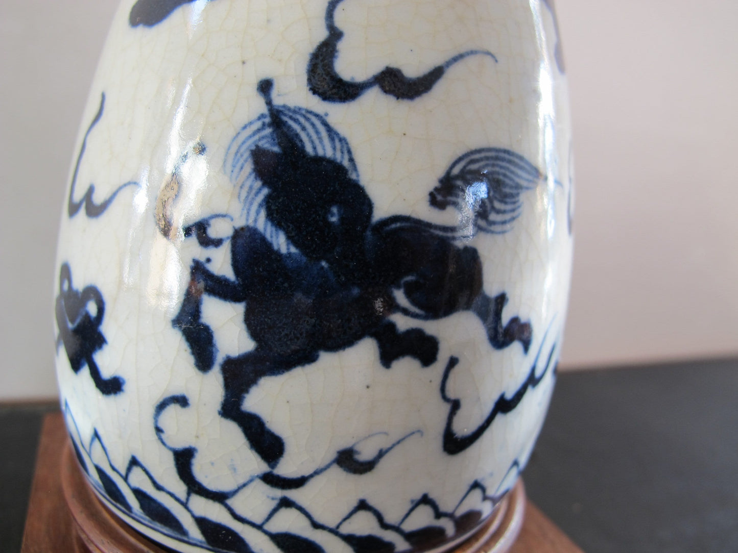 Vase Chinese Two Character Mark Blue and White Clouds Dragon Lion Horse on Stand