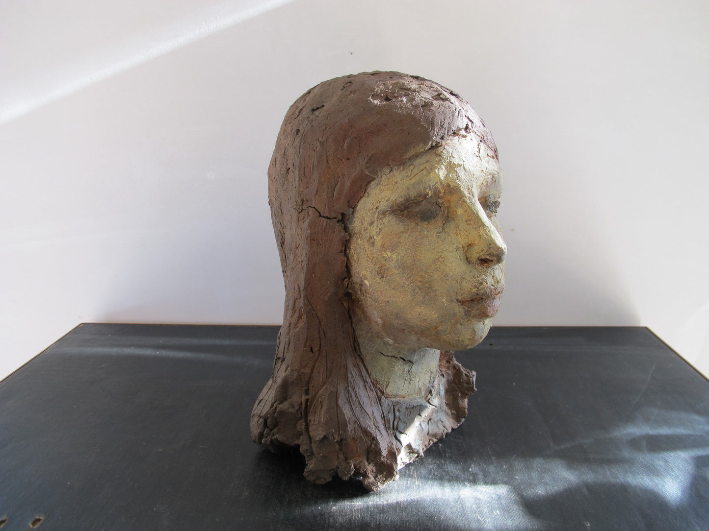 Female Sculpture Bust of Girl Art Pottery Masterwork Portrait and Corresponding Charger c. 1960-70 California Woman Artist Signed