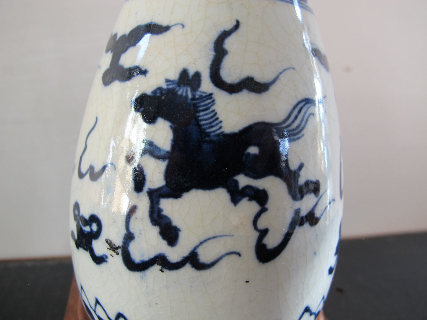 Vase Chinese Two Character Mark Blue and White Clouds Dragon Lion Horse on Stand