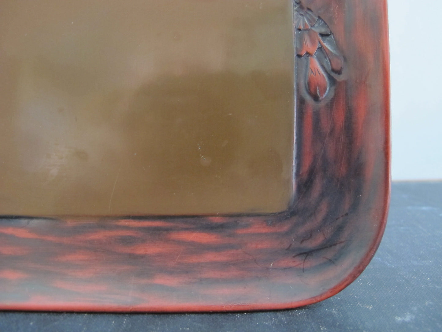 Raised Lacquer Tray Japanese Takamaki-e Hiramaki-e Meiji Period 1900 1910 Red and Black on Gold Mustard