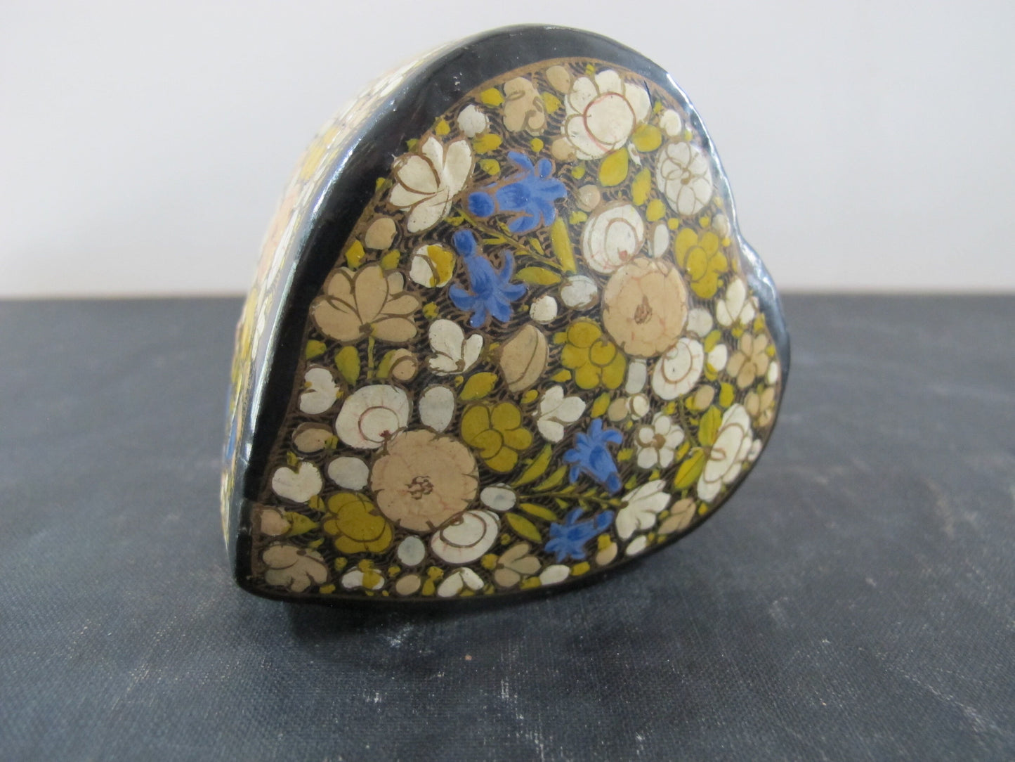 Box Heart Shaped Papier Mache Covered in Handpainted Flowers Jewelry Box 1960s