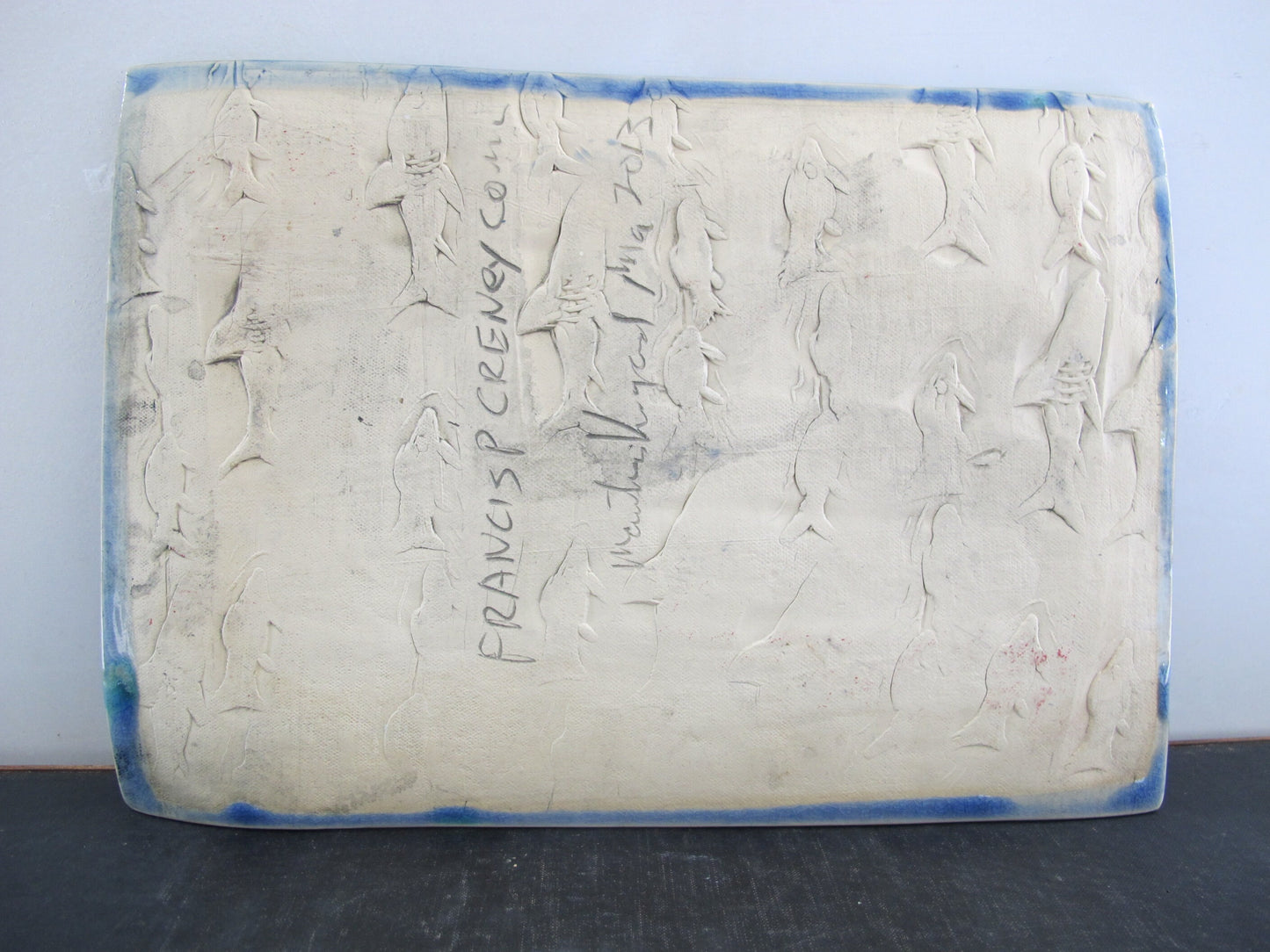 Art Pottery Relief Artist Signed Frances P Creney Martha's Vineyard 2013 Whales Ships Jellyfish Compass Rose Double Sided