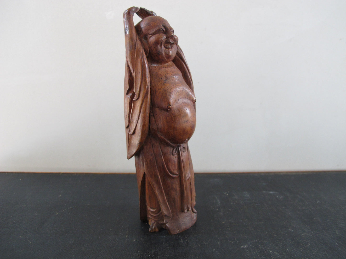 Smiling Buddha Stretching Chinese Carved Bamboo Antique 1920s 1930s Statue Figure Figurine