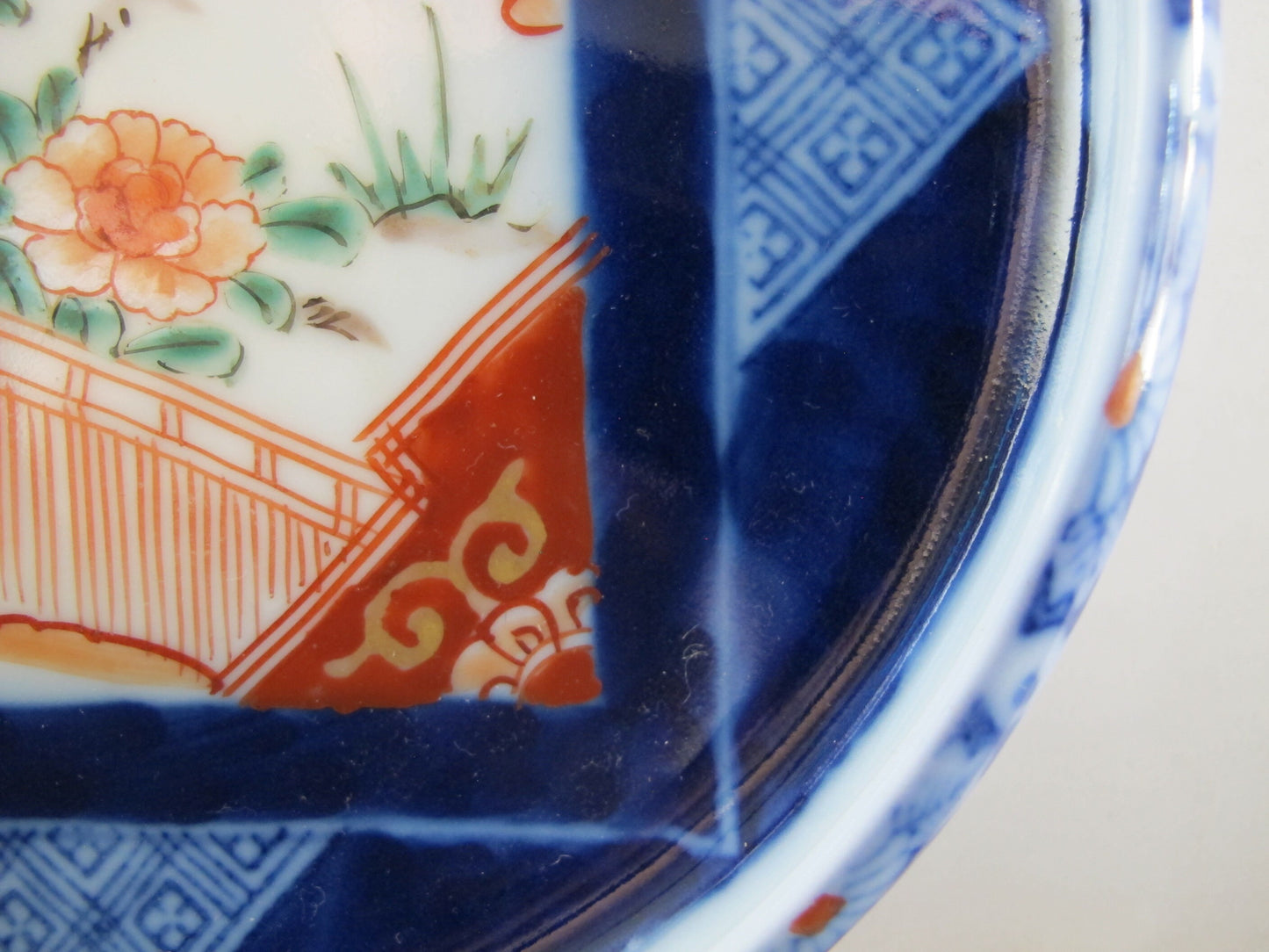 Chinese Imari Plate or Dish Blue and Red Flowers Camellias Signed Marked Entirely Handpainted c. 1910s 1920s