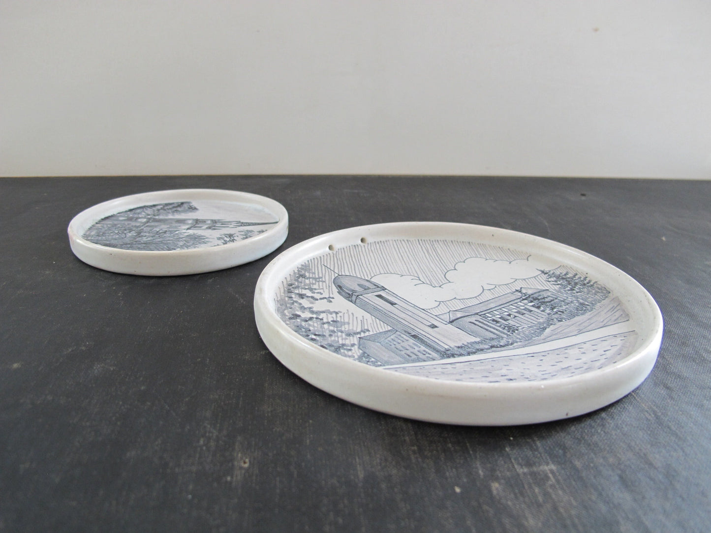Finnish Art Pottery Kupittaan Savi Architectural Roundels Showing Modernist Buildings and Church c. 1950s 1960s