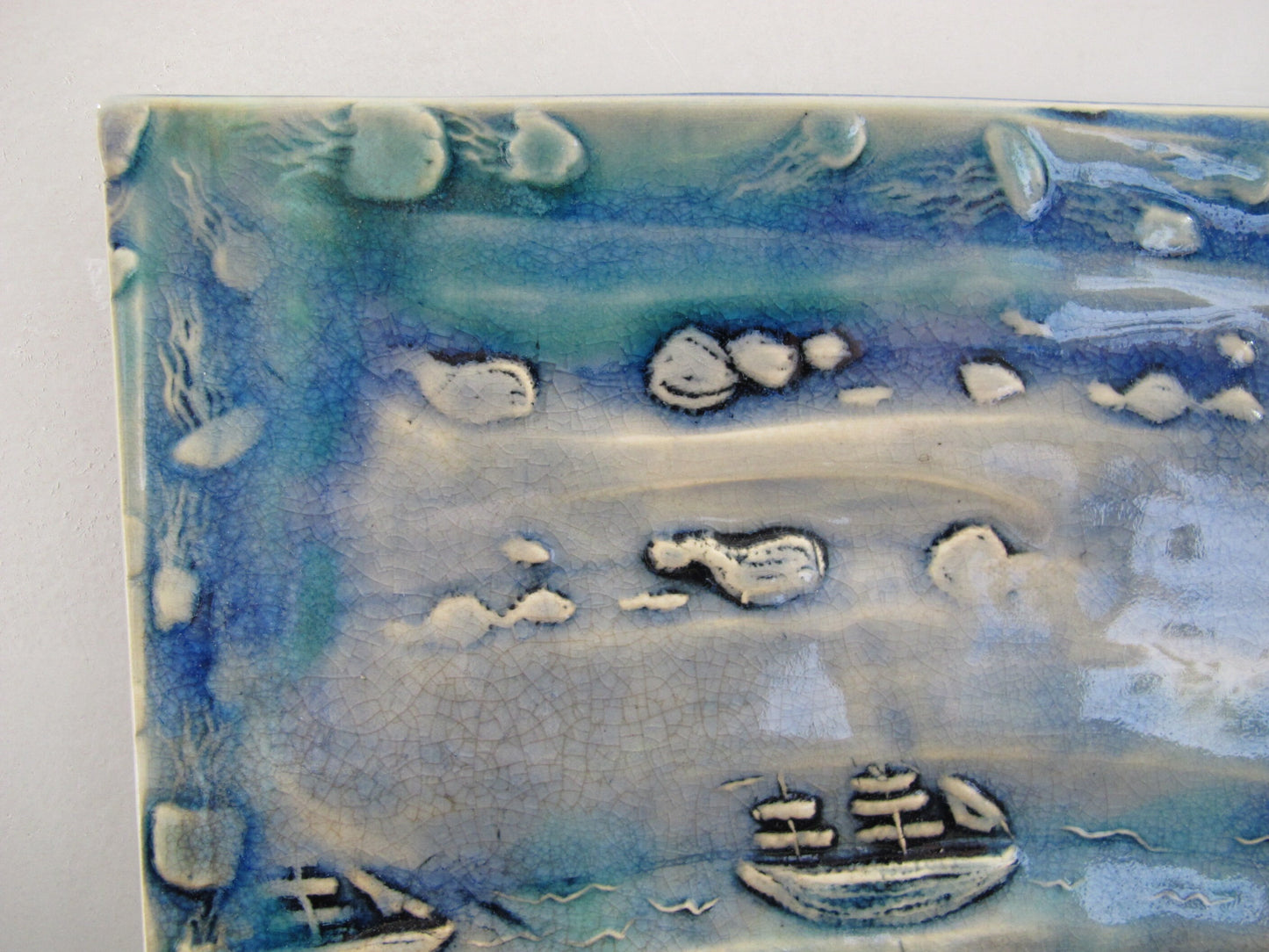 Art Pottery Relief Artist Signed Frances P Creney Martha's Vineyard 2013 Whales Ships Jellyfish Compass Rose Double Sided