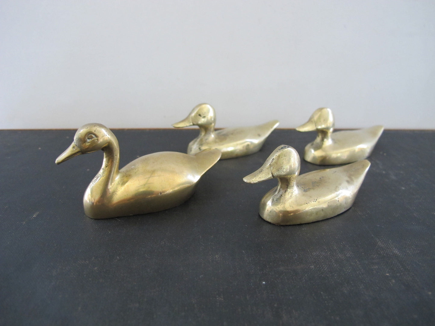 Ducks Geese Sculptures Flock of Four Solid Brass 1940s 1950s