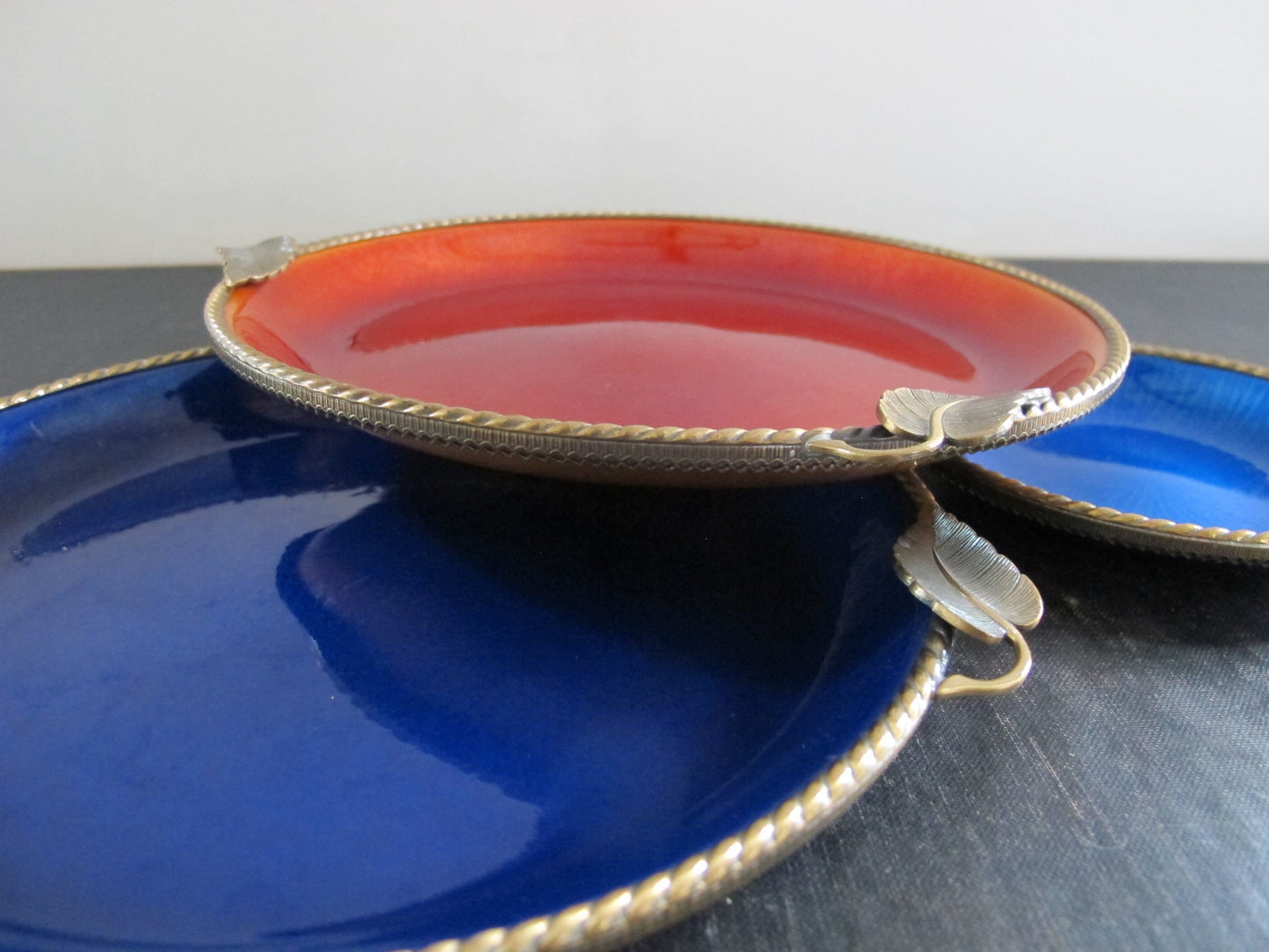 Enamel Bowls Bronze Mounts Blue and Orange Made in Italy MCM Midcentury Italian 1960s 1950s