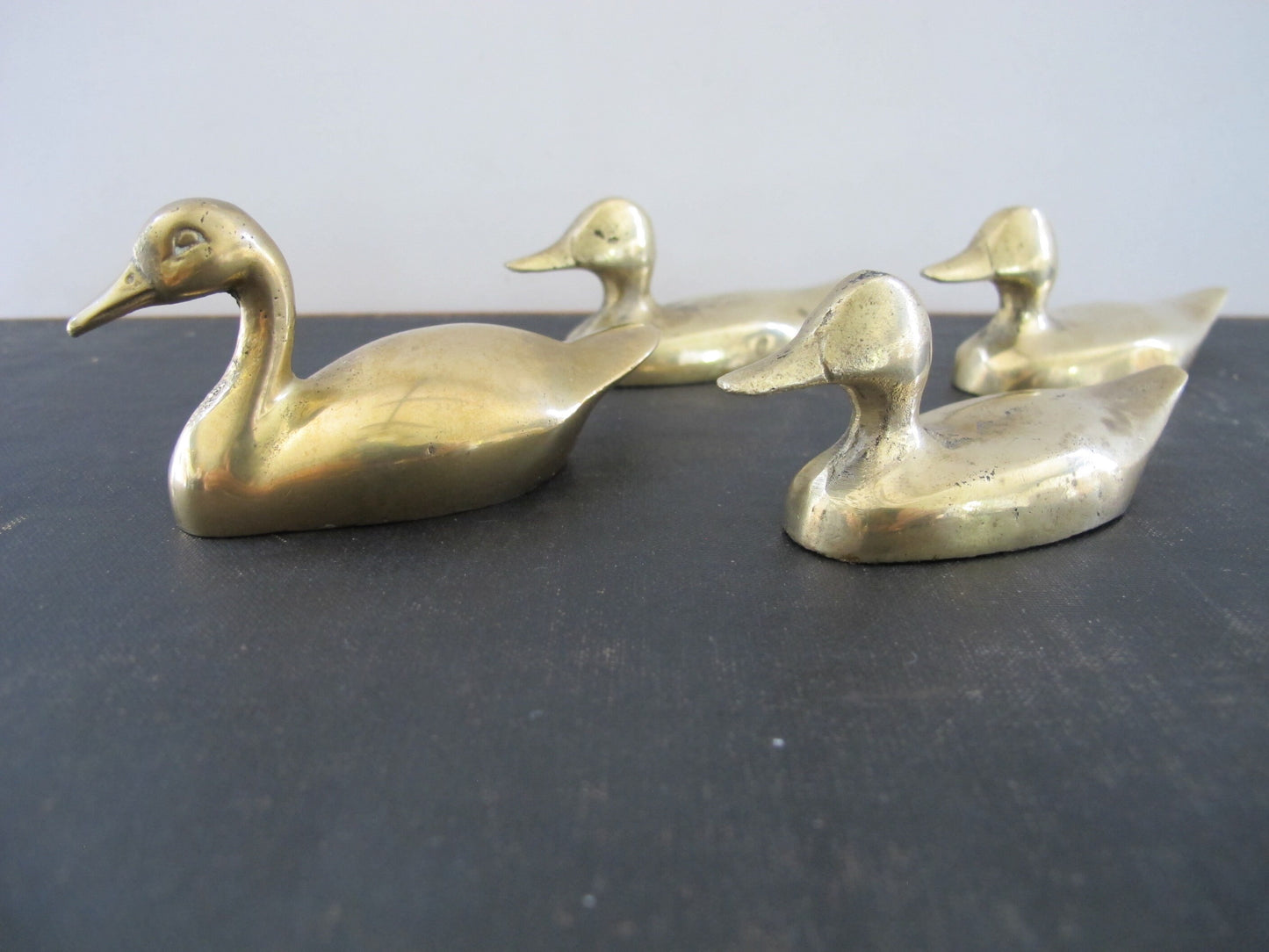 Ducks Geese Sculptures Flock of Four Solid Brass 1940s 1950s