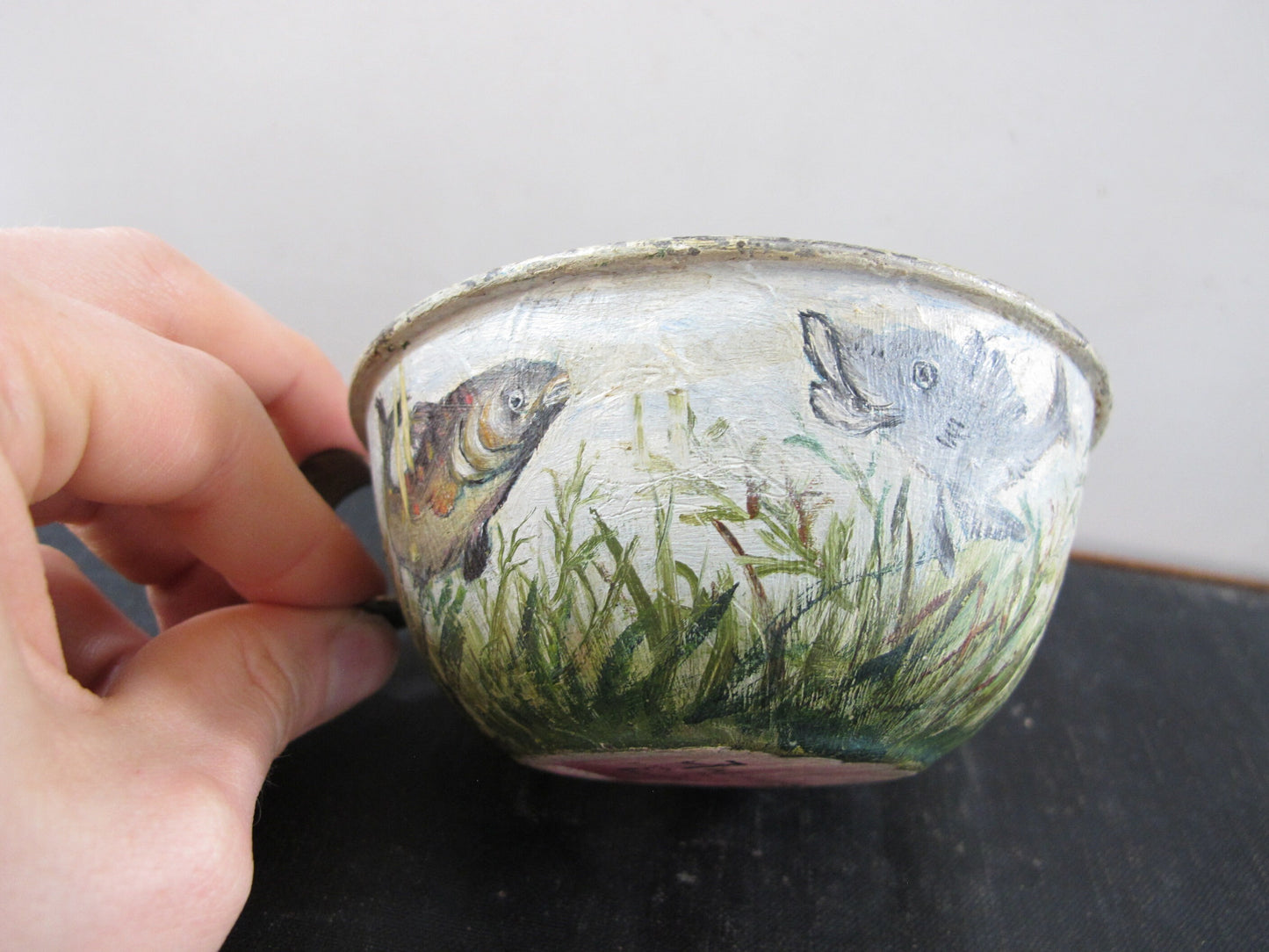 Tole Fishing Teacup Signed Dated 1890s Naive American Folk Art
