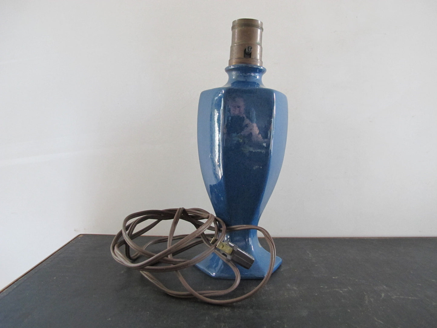 Lamp Arts and Crafts Edwardian Art Pottery Blue Urn Faceted 1910s 1920s Brass Socket