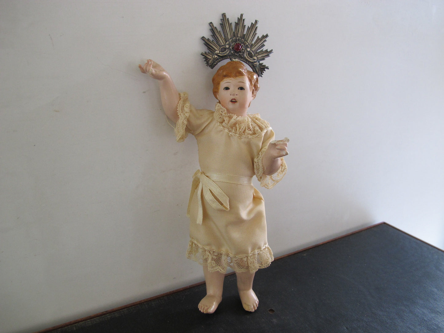 Christos Christ Plaster over Terracorra Inset Glass Eyes Solid Sterling Silver Jeweled Halo 1910s 1920s