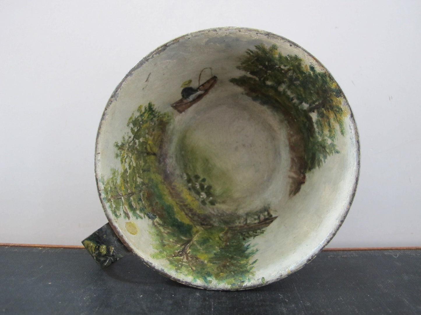 Tole Fishing Teacup Signed Dated 1890s Naive American Folk Art