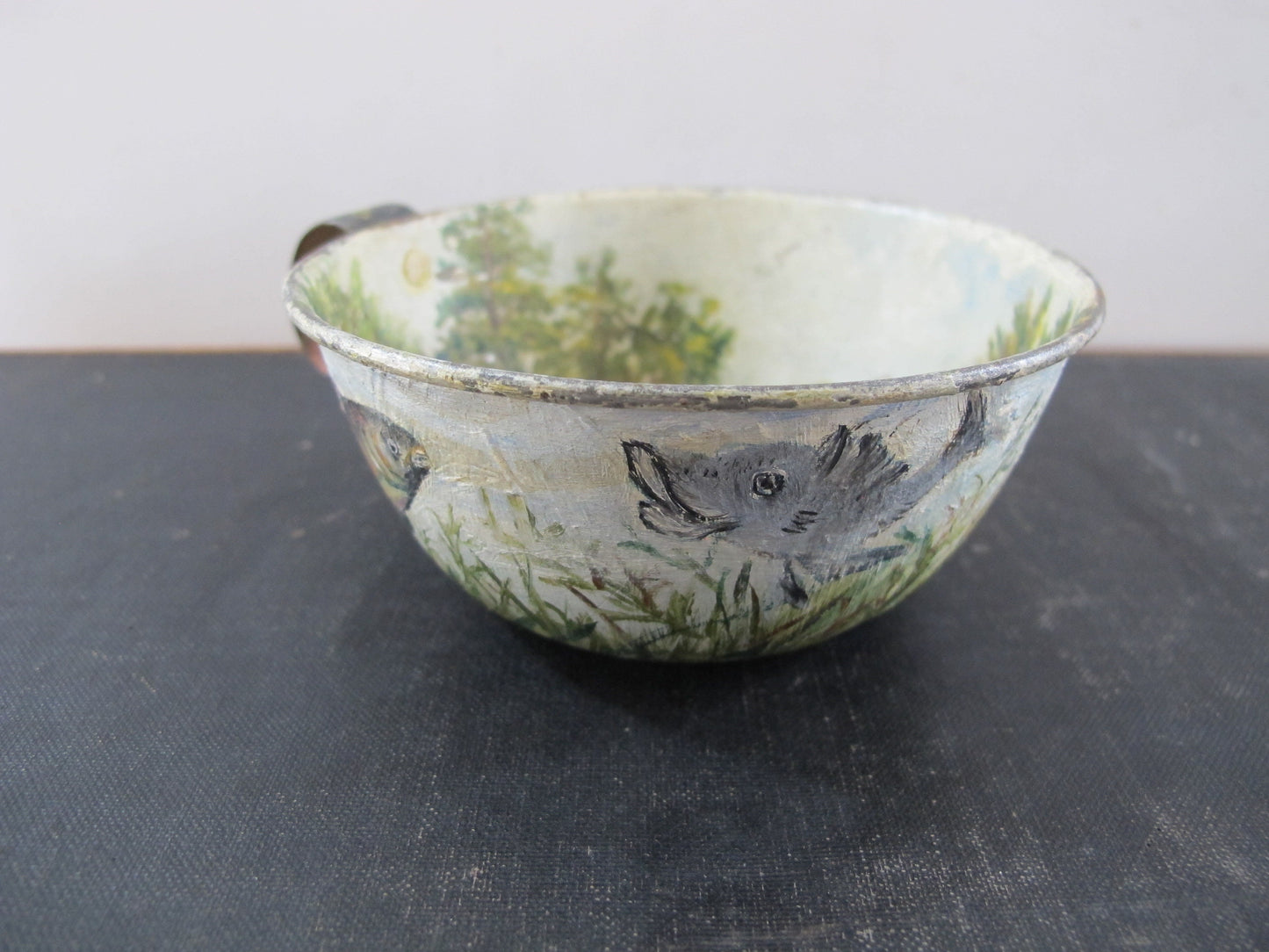 Tole Fishing Teacup Signed Dated 1890s Naive American Folk Art