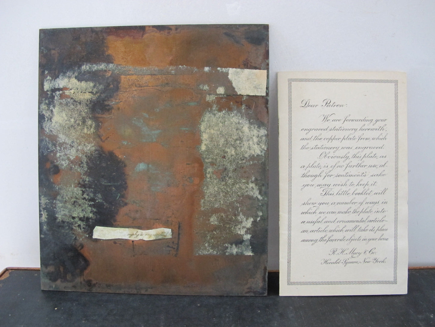 Wedding Invitation Engraved Copper Plate c. 1910 1920 Edwardian Verdigris