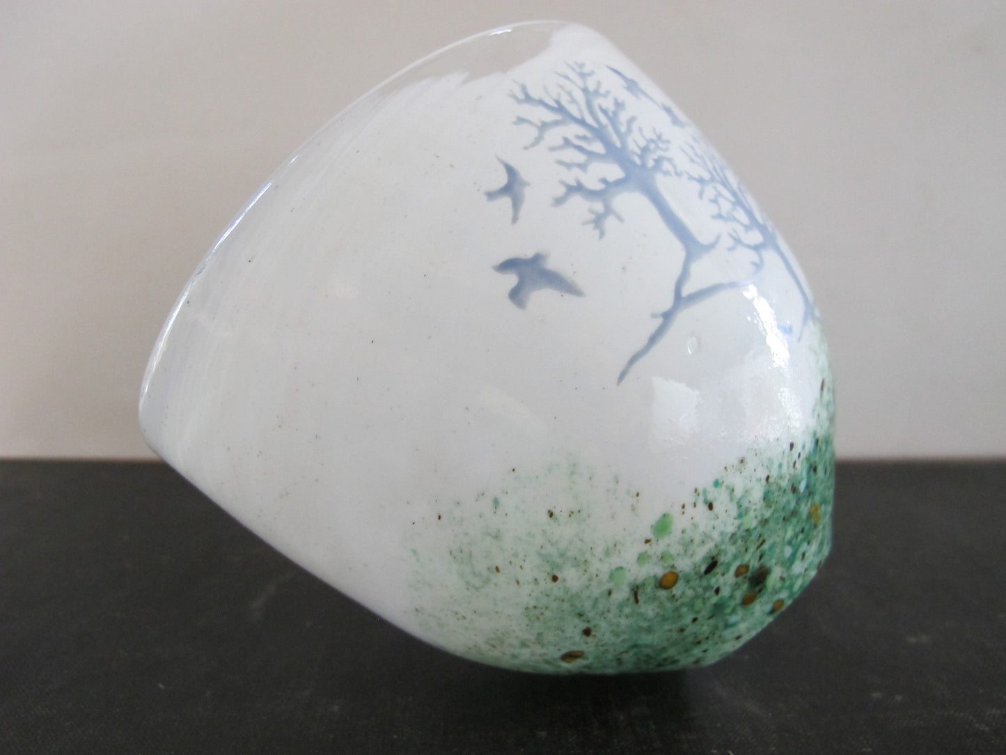Vase Art Glass Forest and Birds Scene Mouth Blown 1970s 1980s