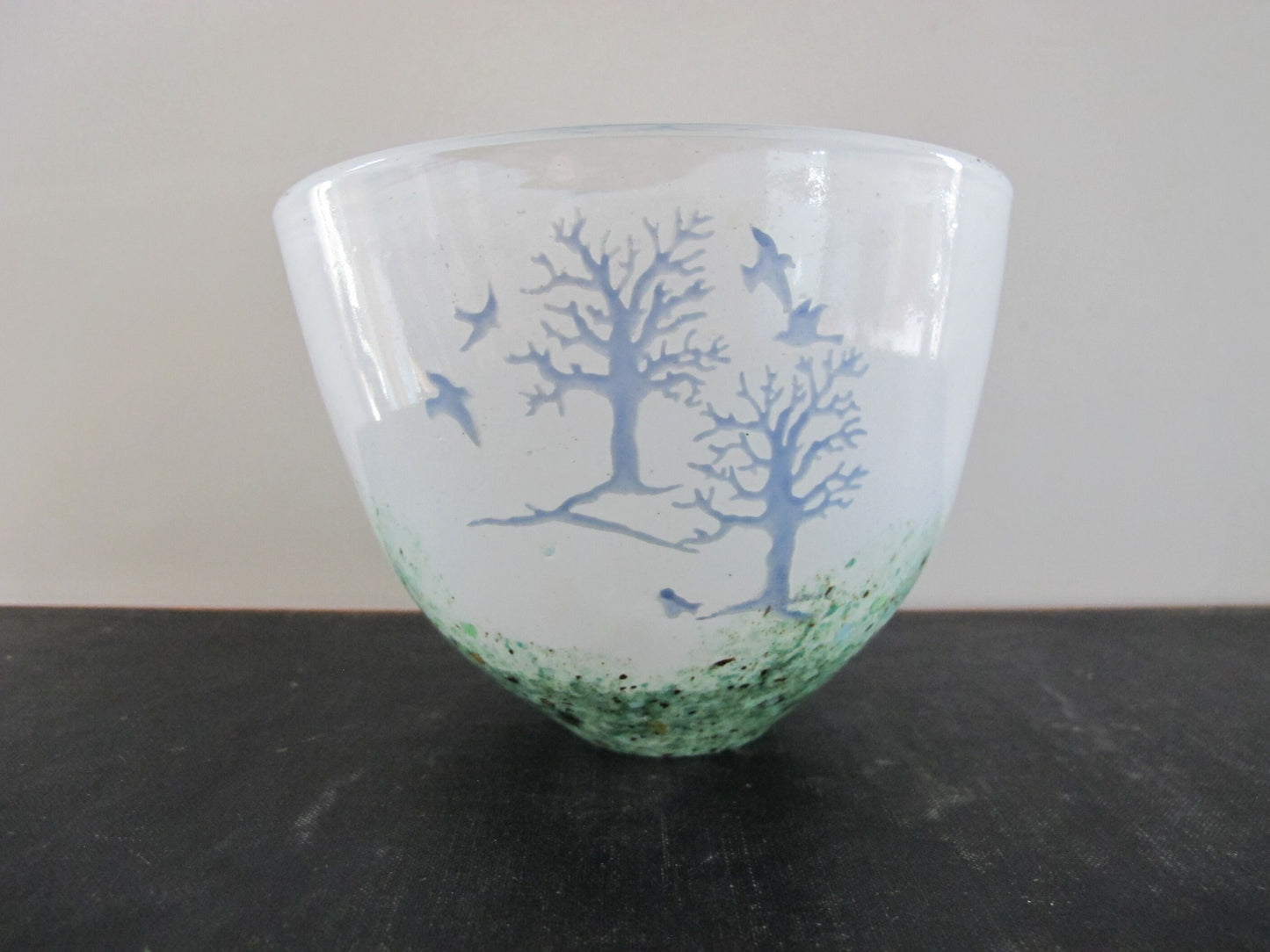 Vase Art Glass Forest and Birds Scene Mouth Blown 1970s 1980s