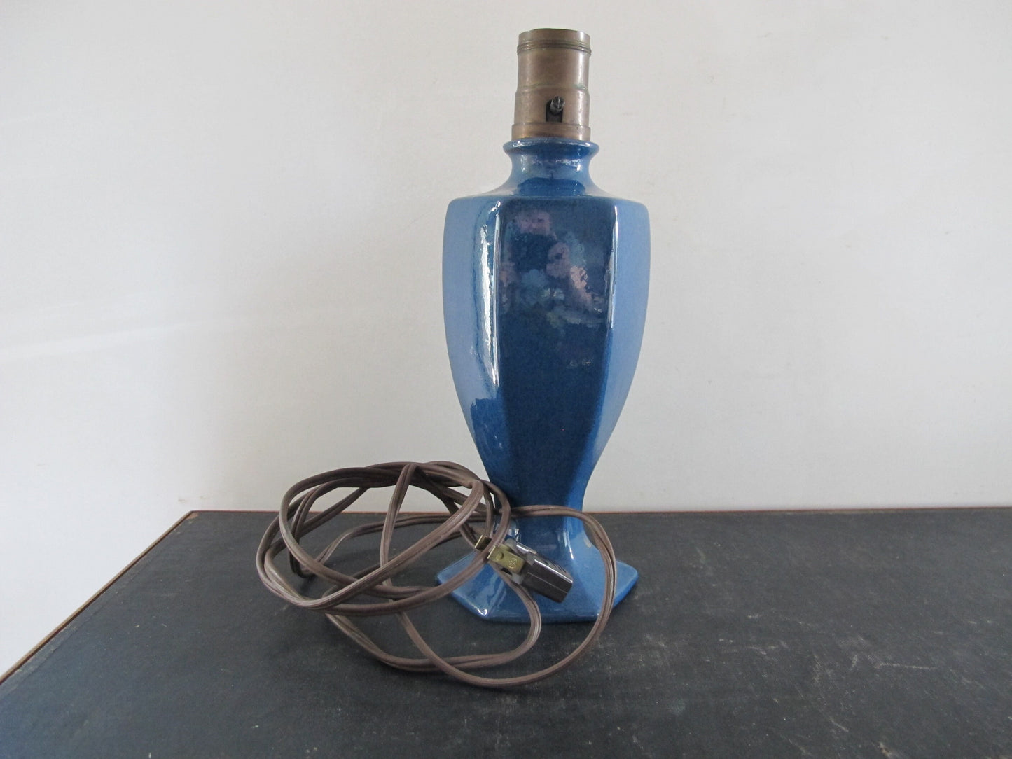 Lamp Arts and Crafts Edwardian Art Pottery Blue Urn Faceted 1910s 1920s Brass Socket