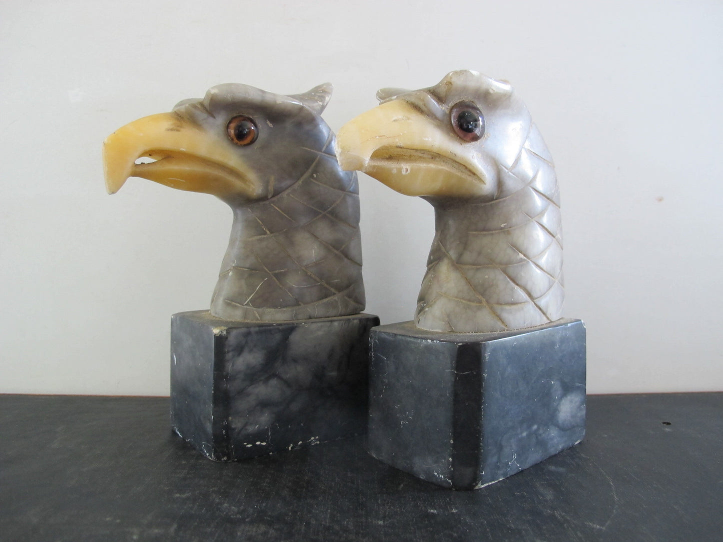 Bookends Polychrome Alabaster Eagles Glass Eyes Exceptionally Rare 1900s 1910s Edwardian