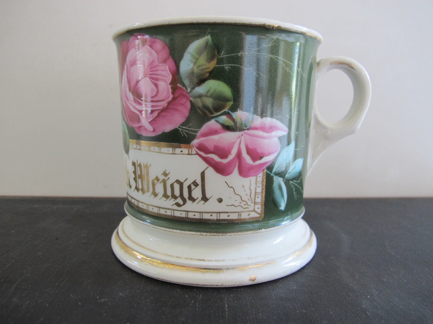 Shaving Mug Monogrammed Victorian Frank Weigel Gold with Roses 1880s 1890s 1800s